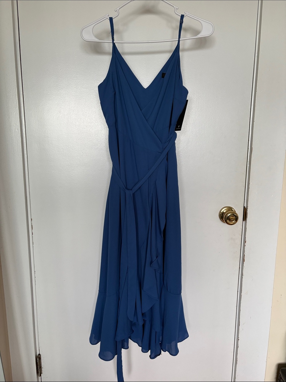 Lulu's Cornflower Blue Midi Wrap Dress with Spaghetti Straps